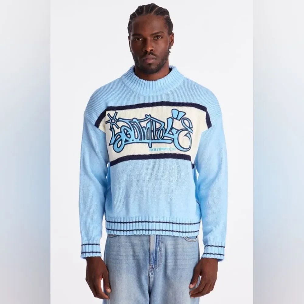 South Pole 🎁 Blue Graphic Pullover Turtleneck Sweater